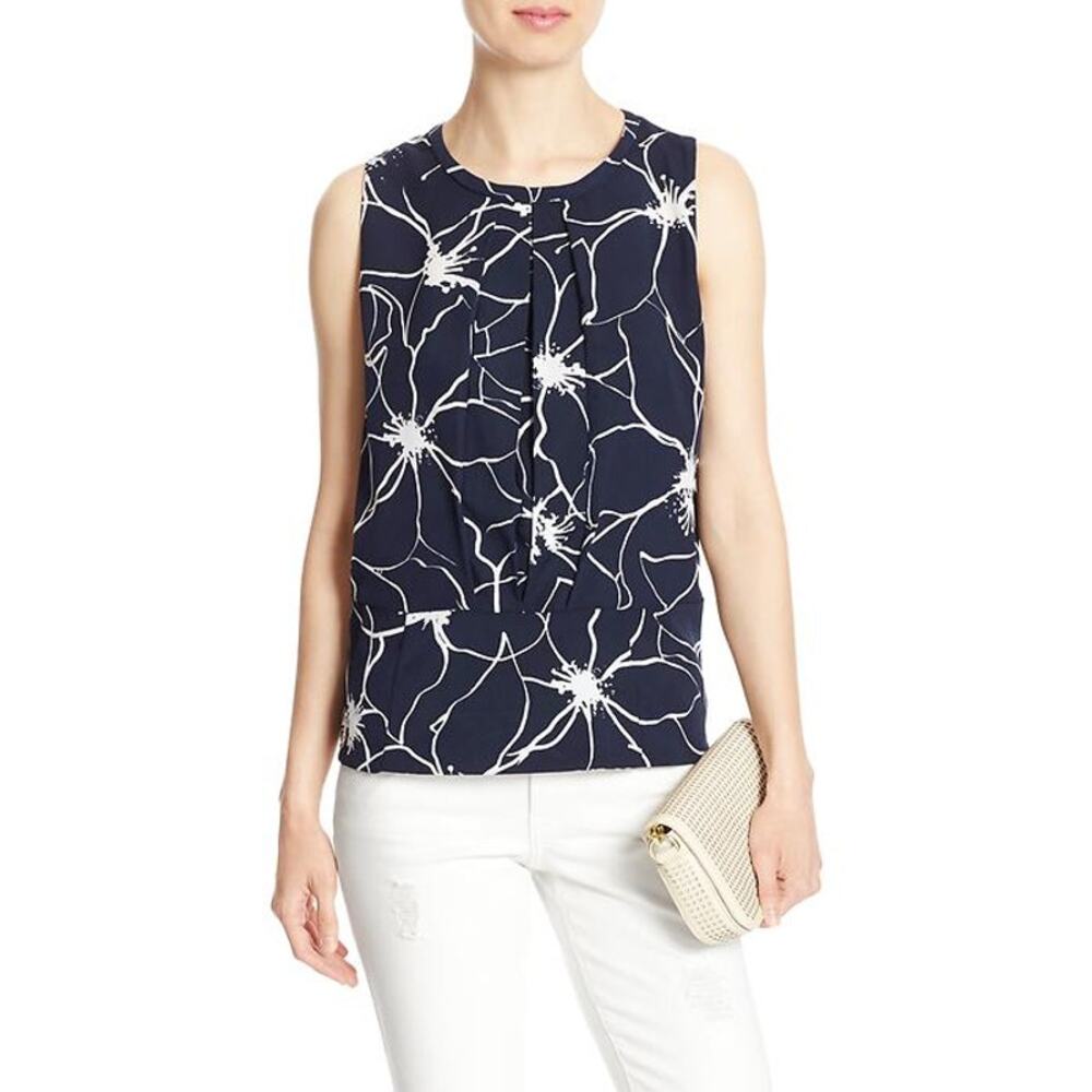 Banana Republic Pleated Print Peplum Tank Womens Size 6 Navy White